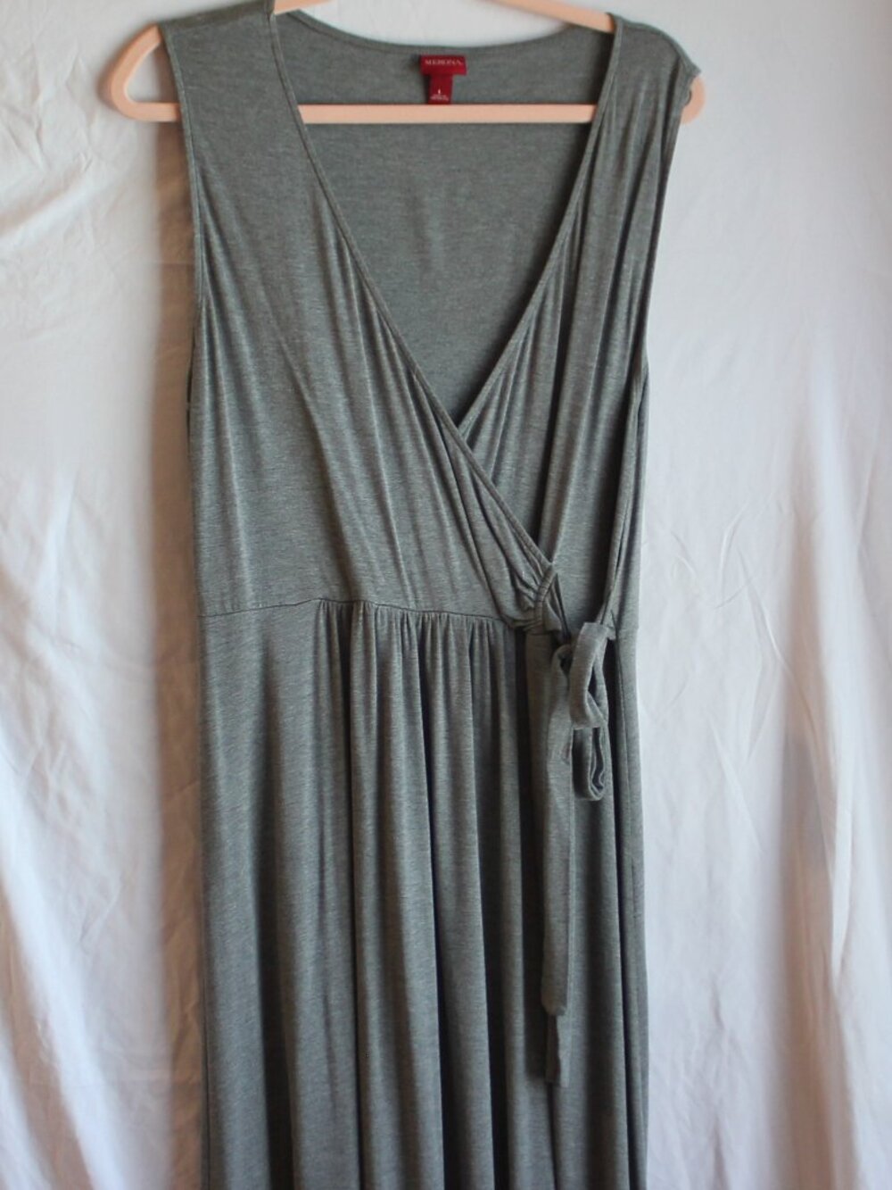 Merona Gray Sleeveless Faux‑Wrap Dress | Soft Jersey | Tie Waist